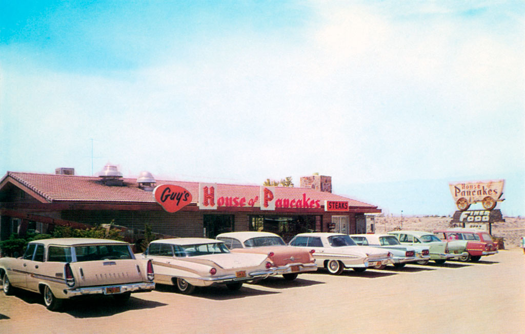 1958 Chrysler New Yorker Town & Country Wagon & 1958 Plymouth Plaza at Guy's House of Pancakes in Apple Valley, California