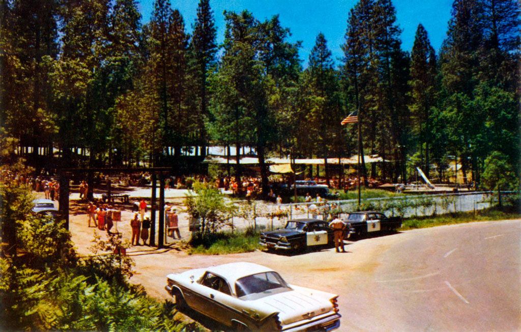 Two 1958 Dodge Coronet California Highway Patrol cars & a 1959 DeSoto Adventurer at Wishon Cove at Bass Lake, California