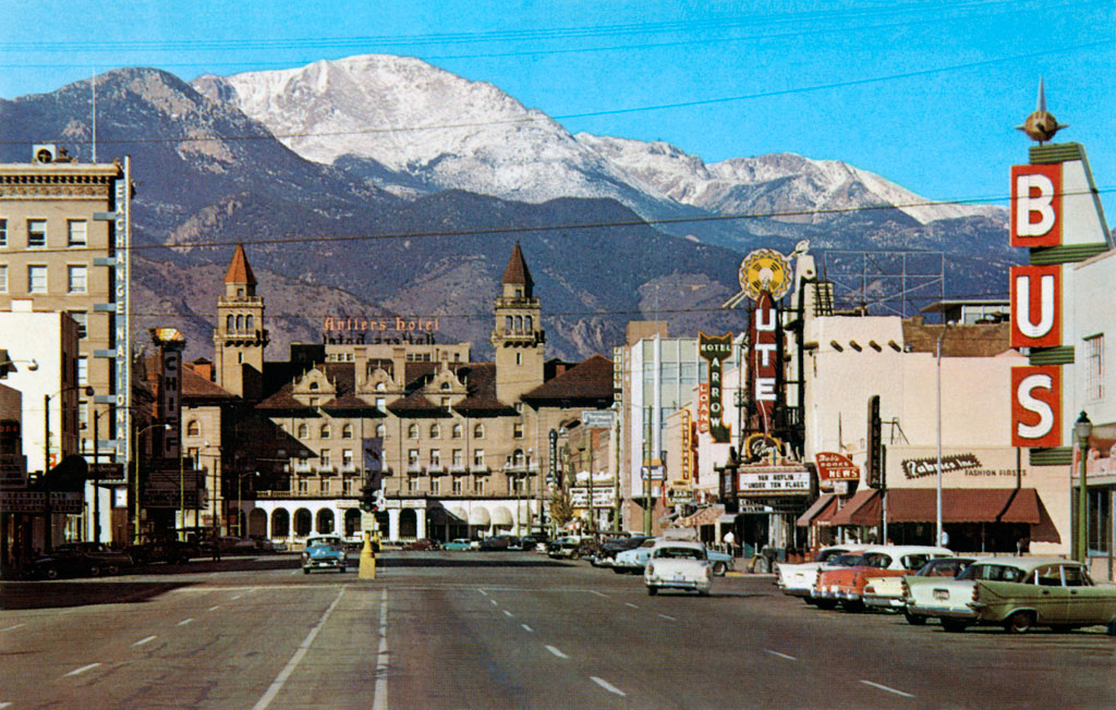 Two 1958 DeSotos on Pikes Peak Avenue in Colorado Springs, Colorado