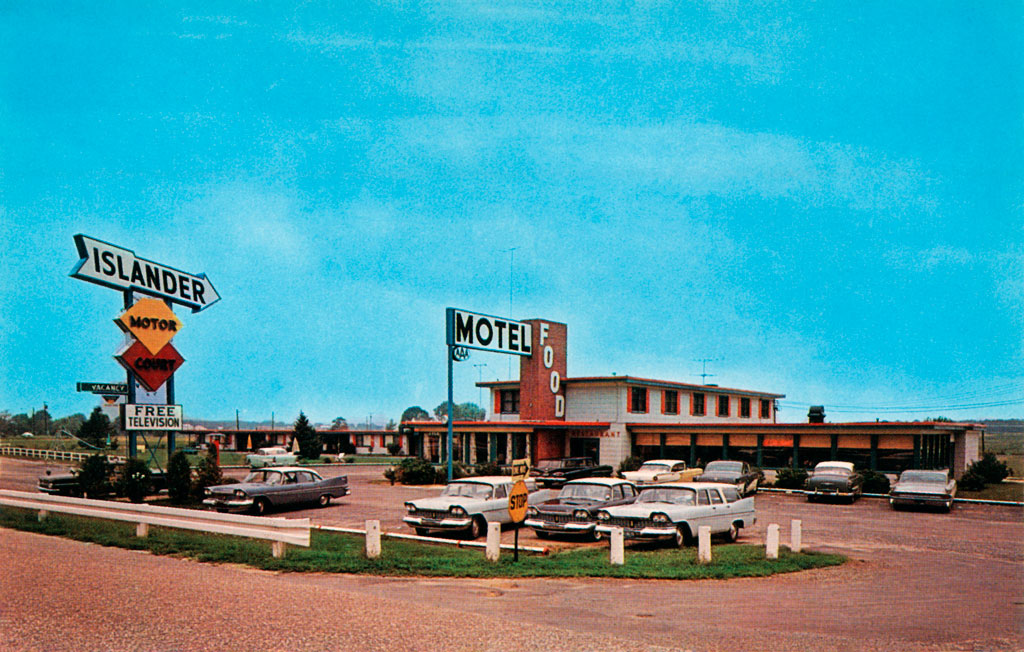 two 1959 Plymouth Belvederes & two 1959 Plymouth Custom Suburbans at the Islander Motel and Restaurant in Stevensville, Maryland