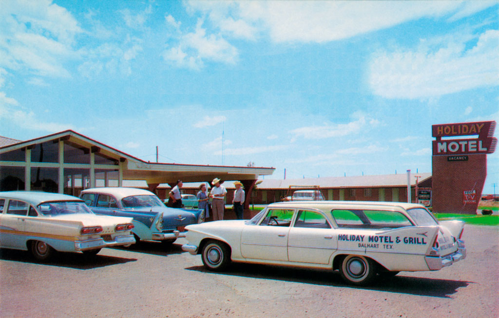 1956 Dodge Custom Royal & 1960 Plymouth Station Wagon at Holiday Motel in Dalhart, Texas