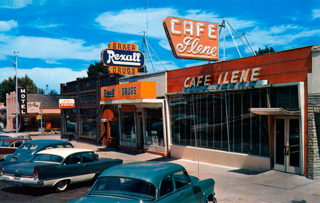 1957 Plymouth Savoy Club Sedan & 1957 Chrysler Saratoga at the Cafe Ilene in Fillmore, Utah